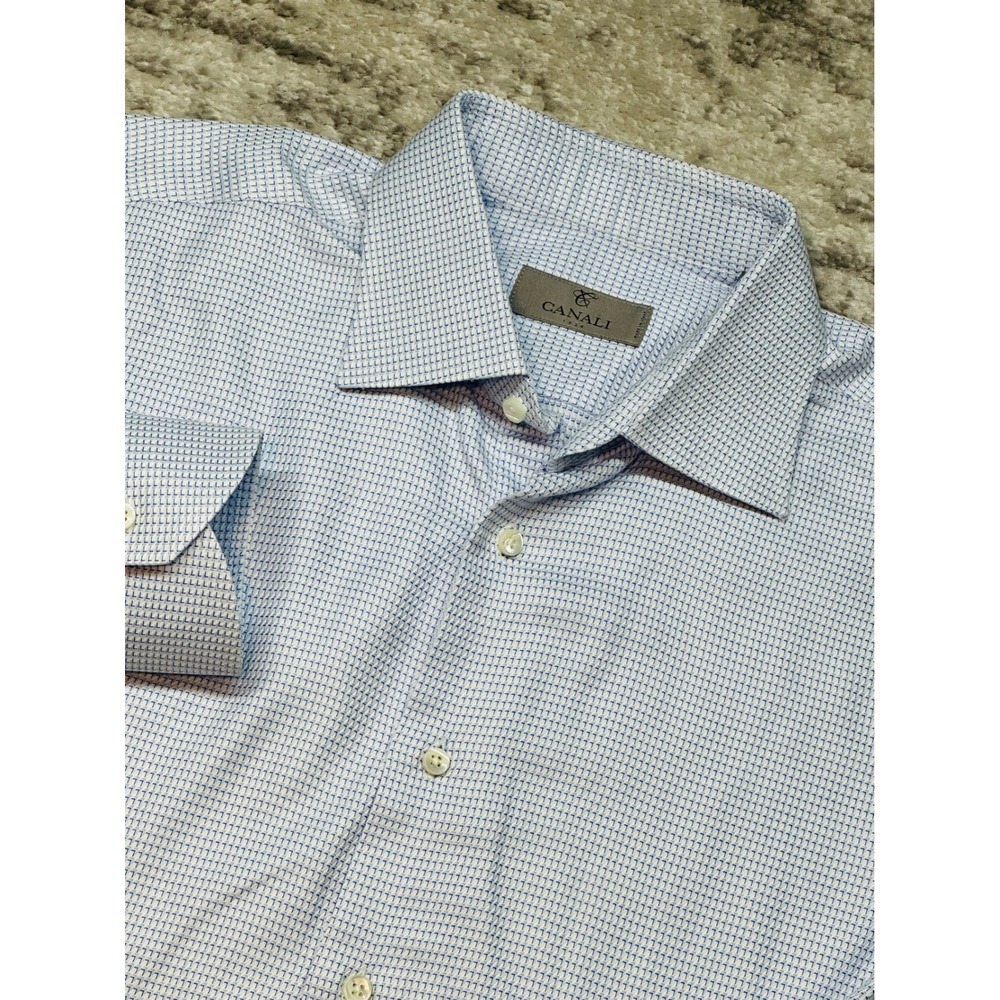 Canali Dress Shirt Mens 16 Blue Geometric Long Sleeve Button Down Made in Italy